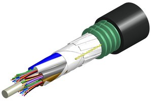 Fiber indoor/outdoor cable, loose tube gel-filled CST, 48 fiber, Multimode OM3, Meters jacket marking, Bla…