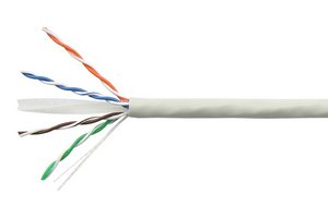 Copper Cable, category 6, 4 pair, U/UTP Cable, PVC, 24 AWG solid, 305 m reel-in-box, gray