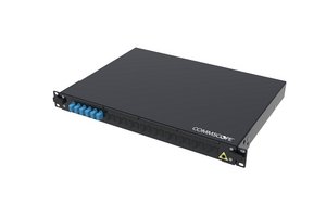 FMS Panel, 1U, 19 in, black, Includes 6 x LC SM Duplex Adaptors (12F), 12 x SM LC Pigtails. 12 x Splice pro…