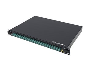 FMS Panel, 1U, 19 in, black, Includes 24 x LC OM4 Duplex Adaptors (48F), 48 x OM4 LC Pigtails 48 x Splice p…
