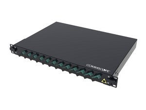 FMS Panel, 1U, 19 in, black, Includes 12 x SC OM4 Duplex Adaptors (24F), 24 x OM4 SC Pigtails. 24 x Splice …